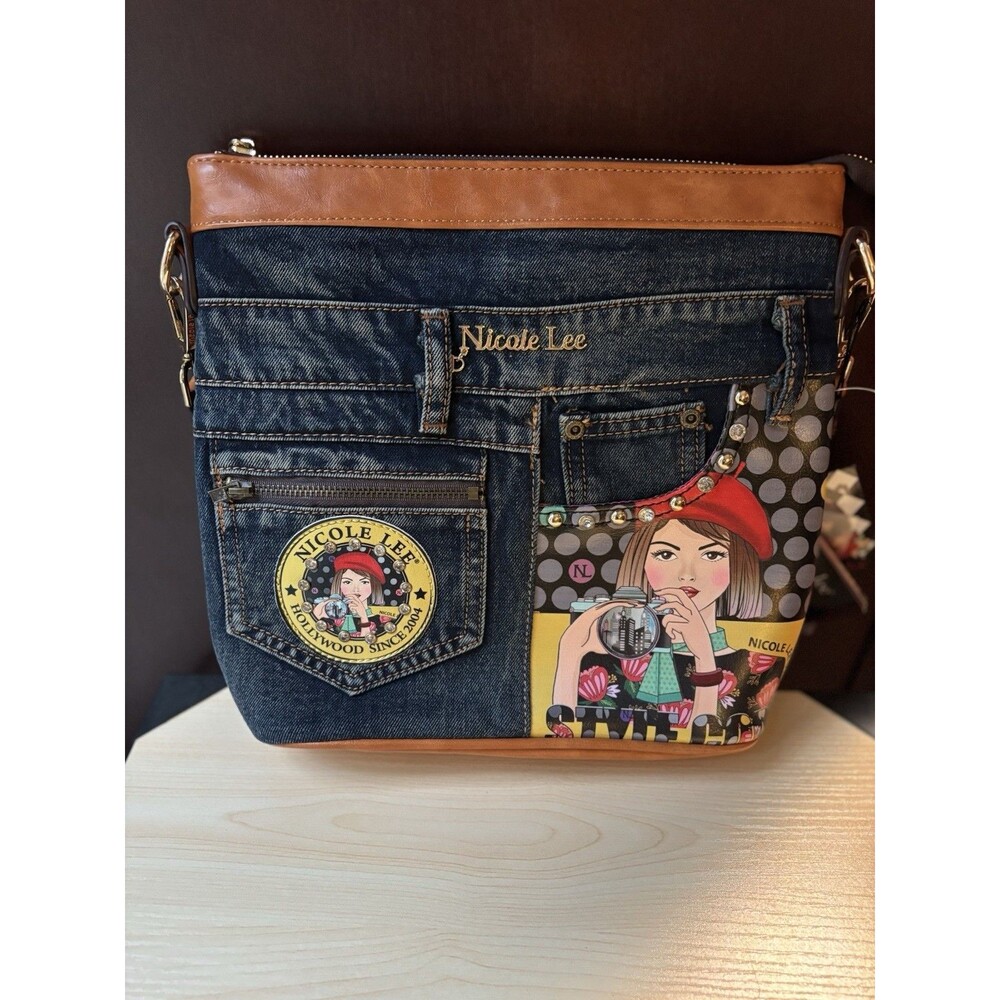 New Nicole Lee Clara Loves Photo Denim Jean Crossbody Purse HTF Rare